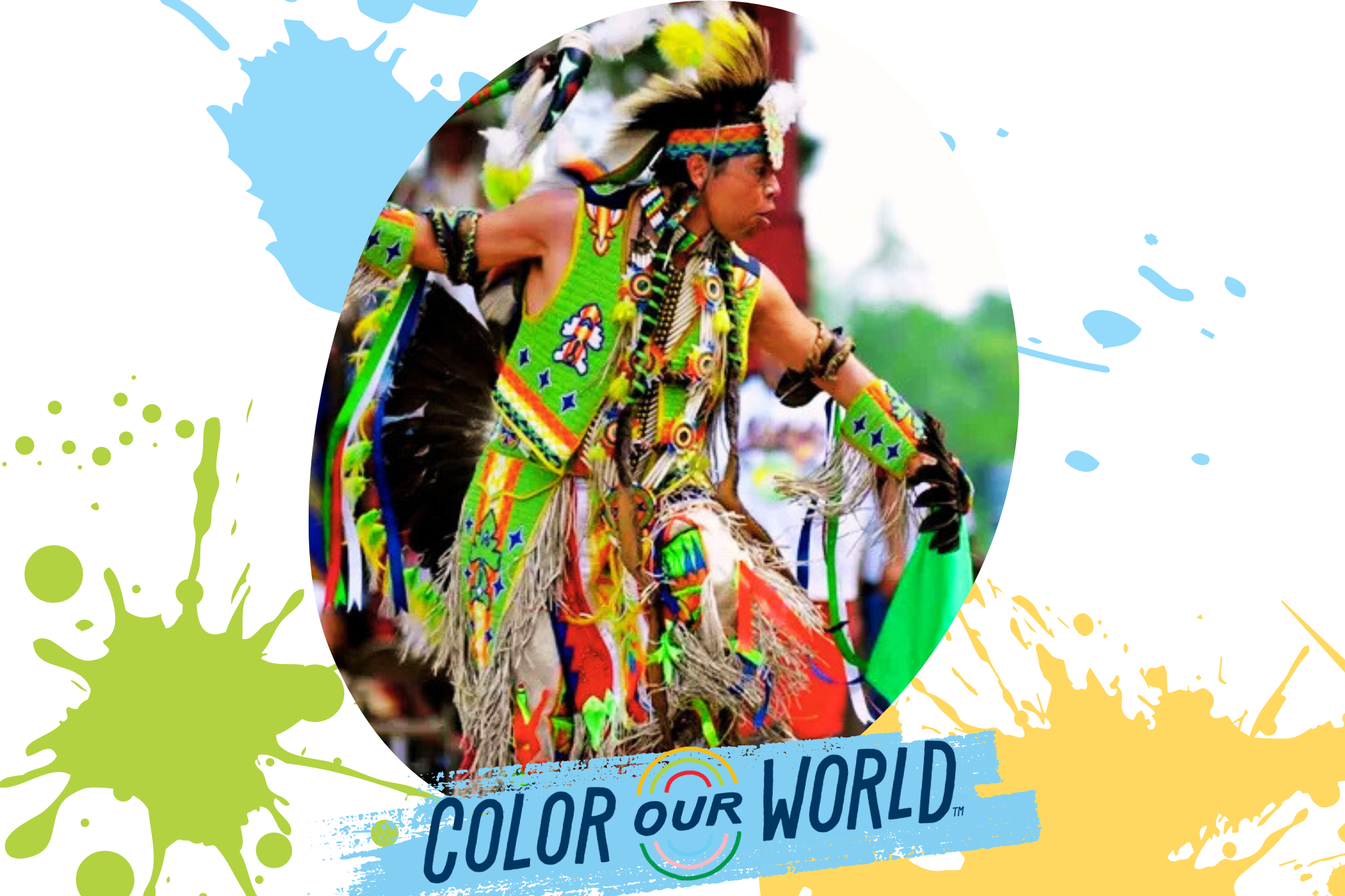 Image depicts Native American dancer, speaker, and educator, Mark Denning, mid-dance in full regalia. On the bottom of the picture is a blue splash of paint with the "Color Our World" logo.