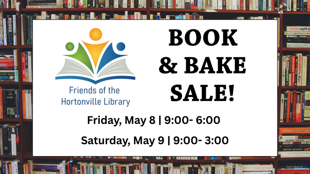 Promotional banner for a Book & Bake Sale by the Friends of the Hortonville Library.