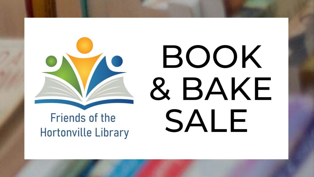 Promotional banner for a Book & Bake Sale by the Friends of the Hortonville Library.